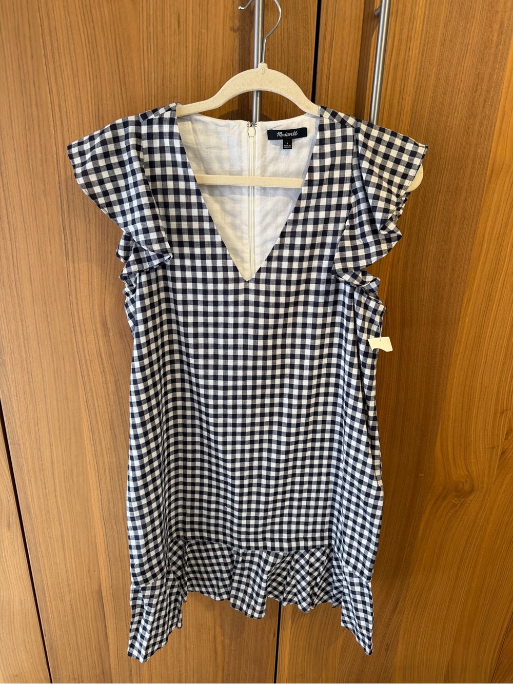 Madewell Gingham V-Neck Ruffle Sleeve Dress in Navy & White 100% Cotton